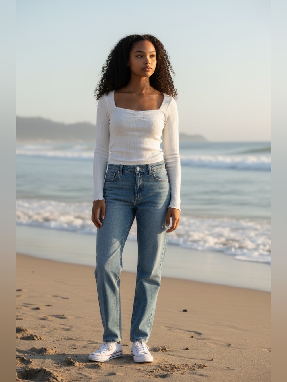 Square Neck Cream Long-Sleeve Ribbed Top